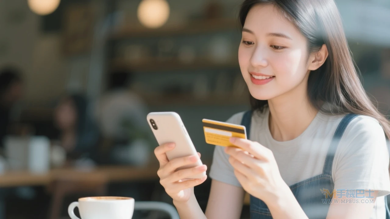 台北年輕人在咖啡廳使用Android手機查閱電子錢包介面，前景模糊的咖啡杯營造生活感｜圖片情境示意