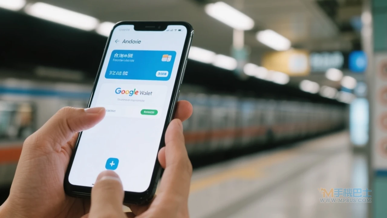 Google Wallet介面操作示範，背景為台北捷運站體｜功能截圖示意