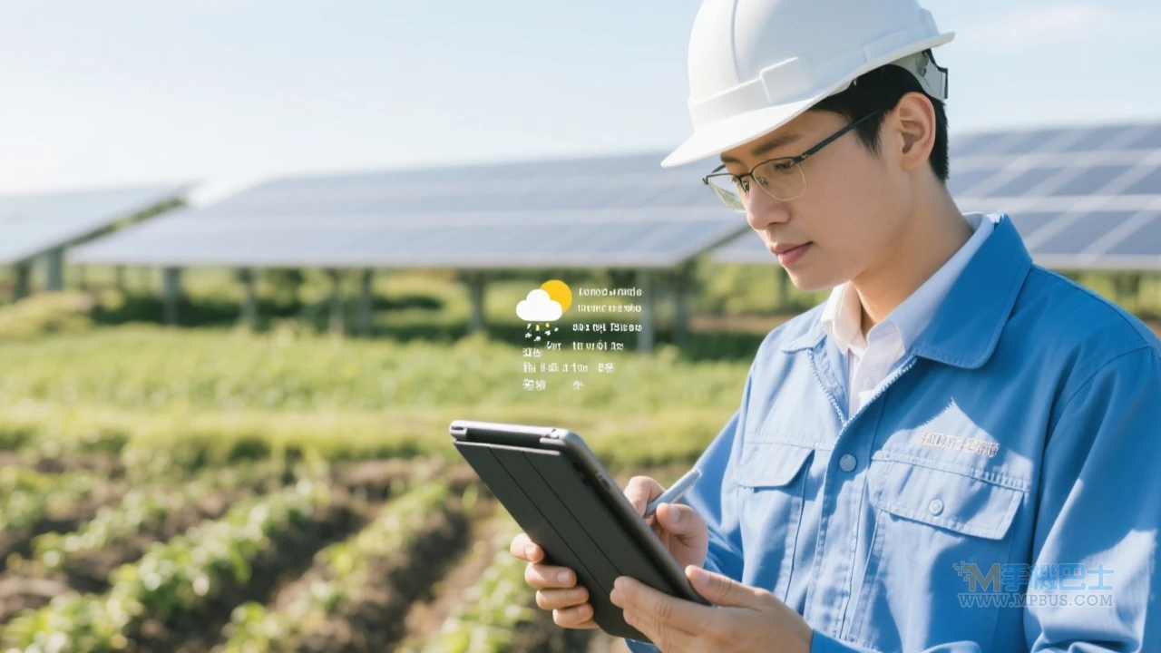 農場工作者使用平板查看天氣預報
