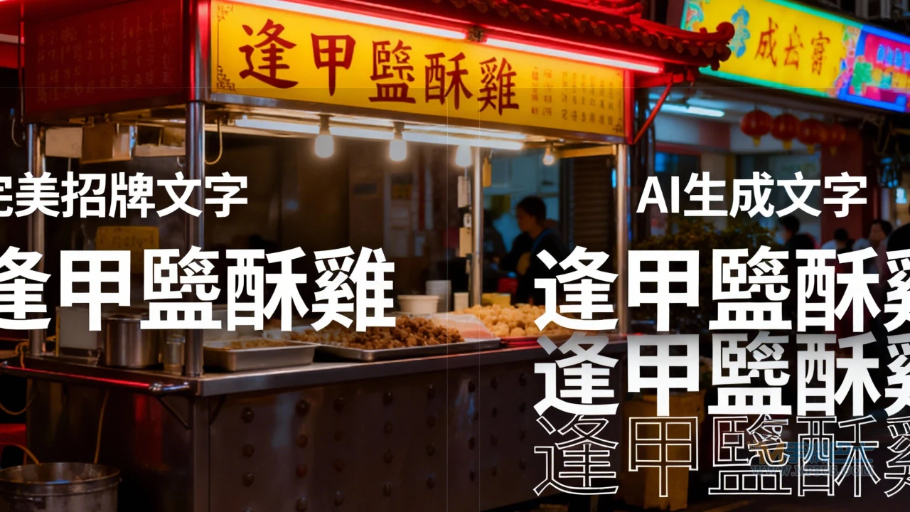傳統夜市招牌與AI生成文字對比圖