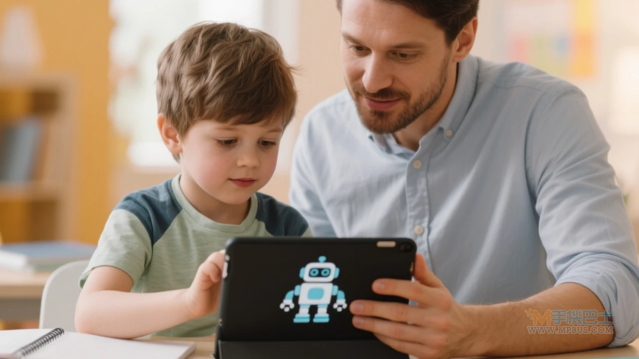 兒童與家長共同操作平板