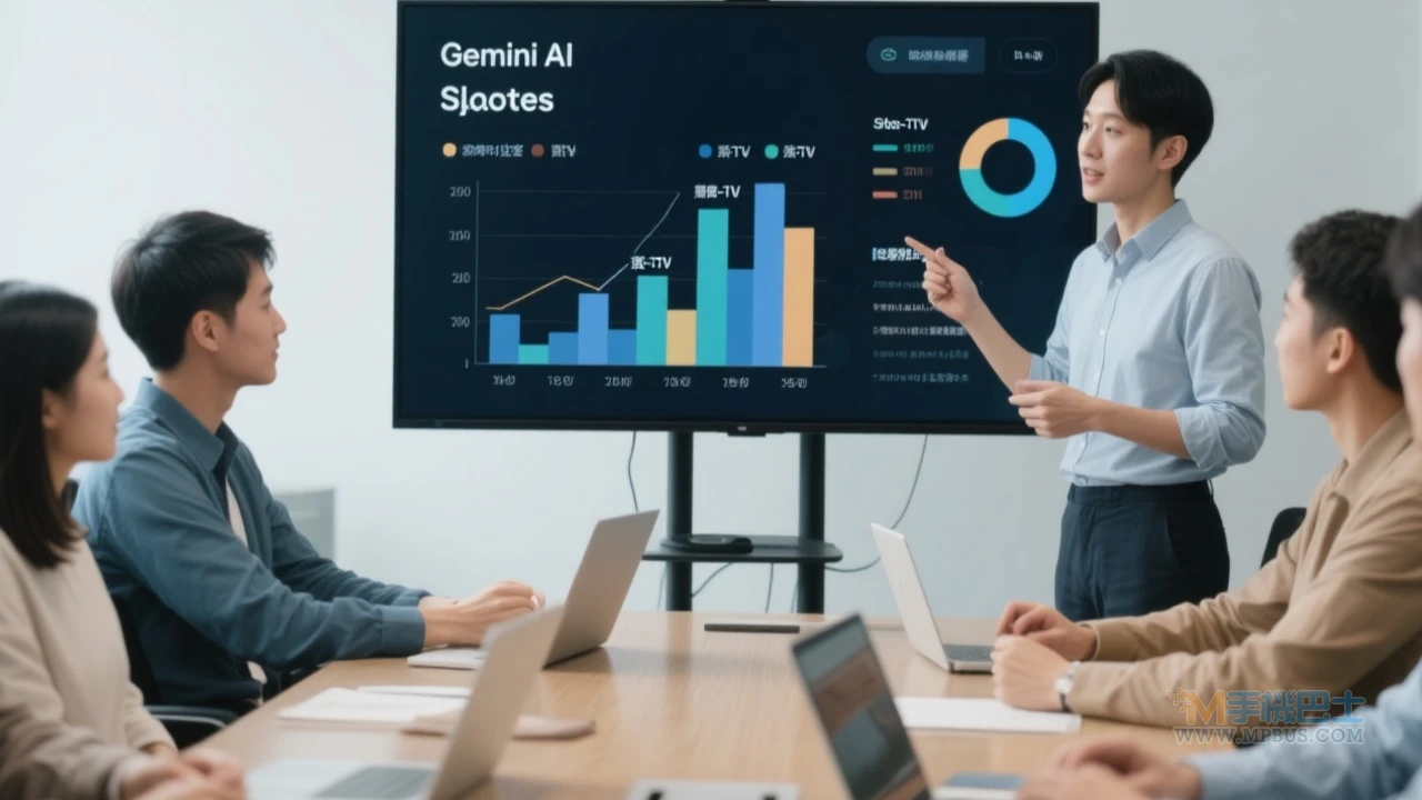 台灣上班族在會議室利用Gemini整理簡報資料