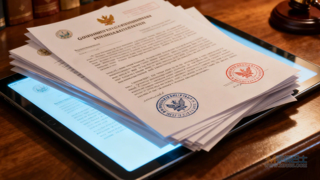 多國政府文件疊放在發光平板電腦上